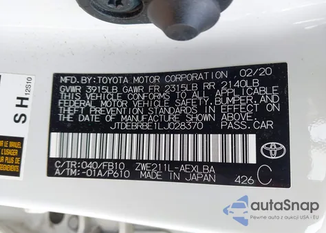 2020 Toyota Corolla Hybrid Le from USA, damaged, VIN JTDEBRBE1LJ028370